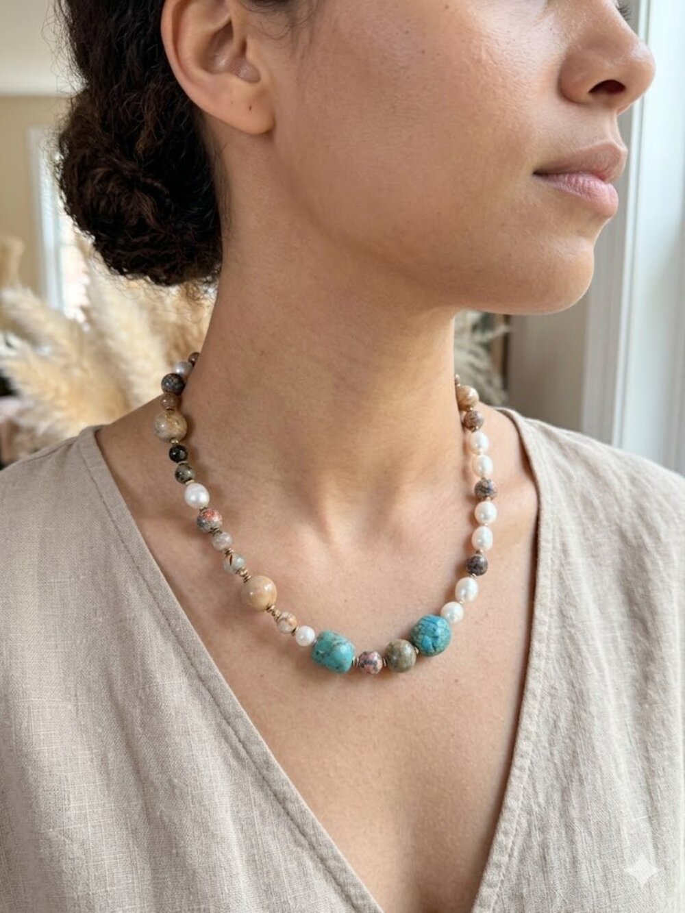 One of a Kind Turquoise Pearl Natural Stone Necklace - Picture 3 of 13